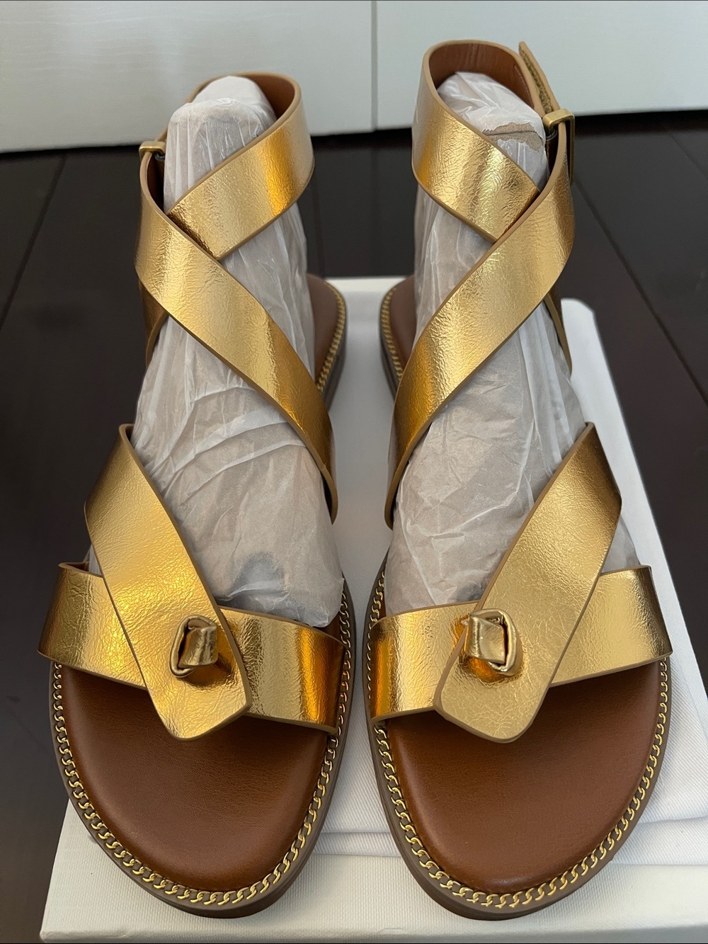 Franco Sarto Metallic Gold Cross-Strap Ankle Sandal - Picture 2 of 7